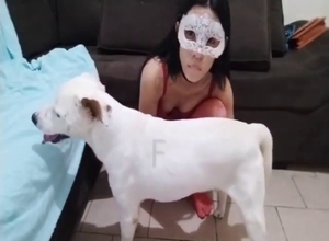 Hot bestiality sex with a brunette in red lingerie